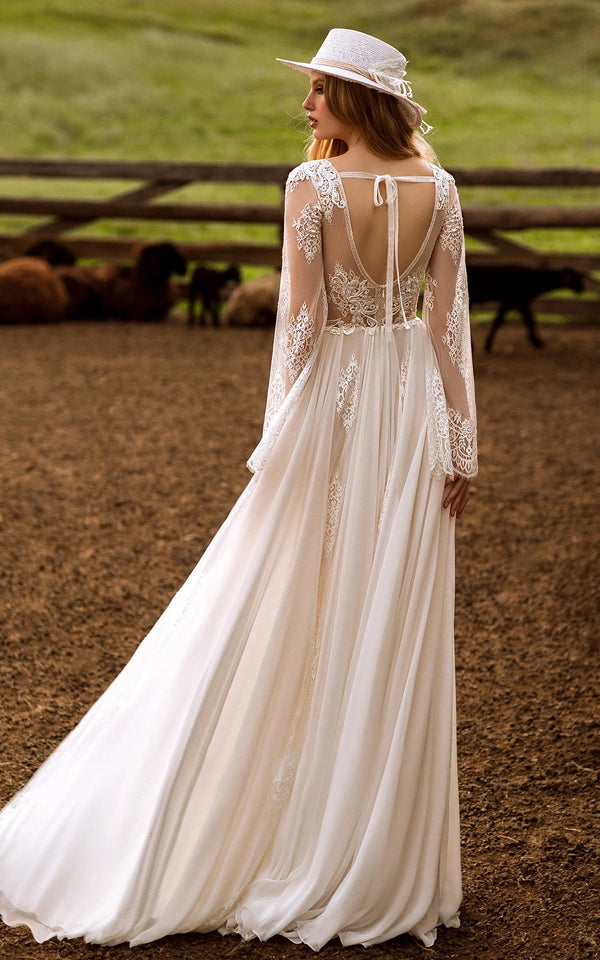 Luolandi A-Line Boho Lace Wedding Dress with Sleeves Plunging Neckline Sweep Train Floor Length